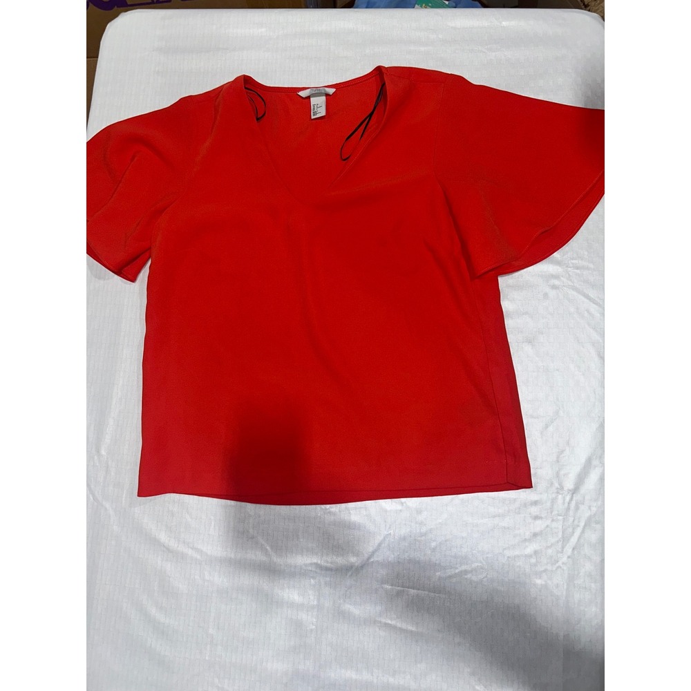 HM Red V-Neck Flutter Sleeve Blouse Top Sz 6 Solid Red Woven Shirt